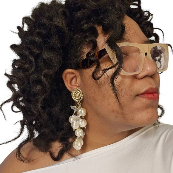 Large Vintage Runway Statement Gold Swirl & Floral Pearl Beaded Dangle Earrings - Picture 2 of 12